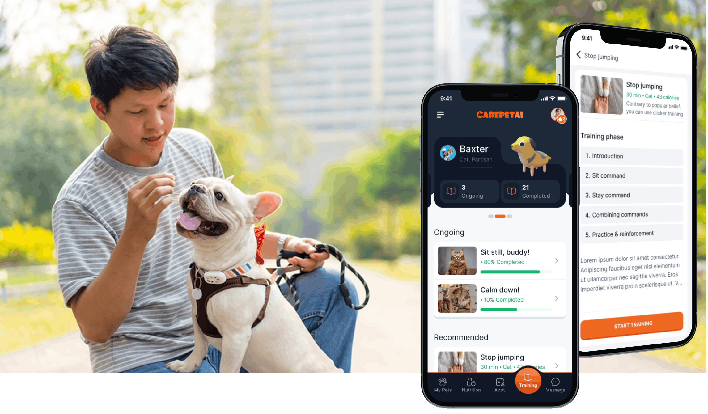 Man training a dog in a sunny park